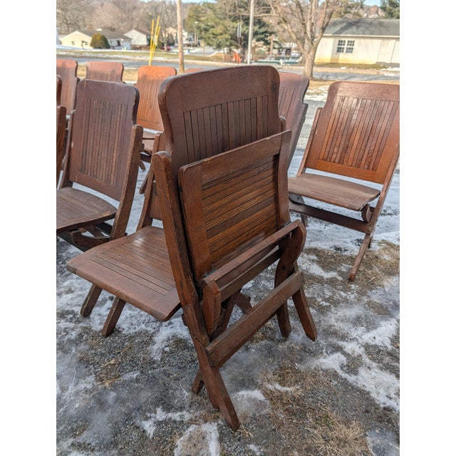 Antique Quartersawn Oak Folding Chairs, Steamboat Theater Seating, Set of 12 For Sale - Image 12 of 18