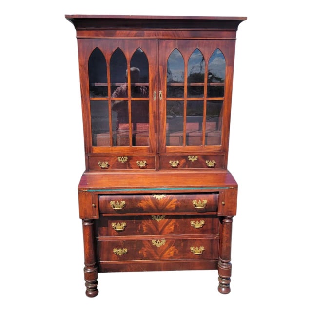 Antique 19th C. American Classical Empire Mahogany Secretary Desk Bookcase For Sale