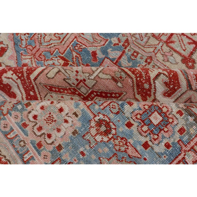 Antique Persian Heriz Rug With Central Medallion in Red and Blue 9'7 X 12'10 For Sale - Image 15 of 16