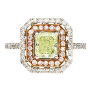 Gia Certified 1.12 Carat Radiant Cut Fancy Light Green-Yellow Diamond Ring Size 6.5 For Sale