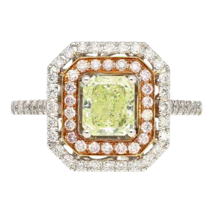 Gia Certified 1.12 Carat Radiant Cut Fancy Light Green-Yellow Diamond Ring Size 6.5