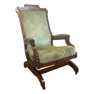 Antique Victorian Eastlake Carved Walnut Coil Spring Platform Rocking Chair For Sale