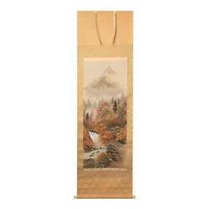 Mid 20th Century Showa Era Watercolor Silk Scroll Painting "Autumn in the Mountains"