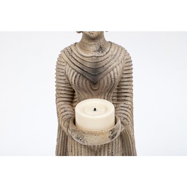 Vintage Carved Standing Terracotta Thai Buddha Statutes on Stand—A Pair For Sale - Image 9 of 9