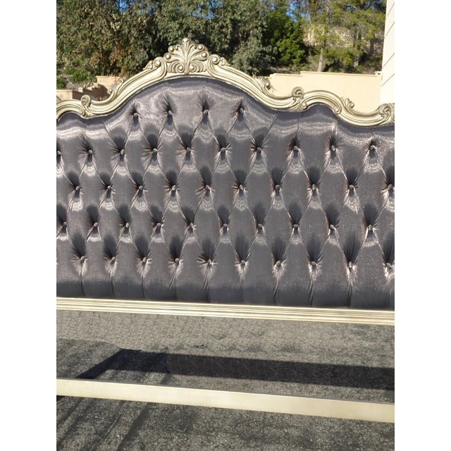 Wood French Provincial Louis XVI Style Metallic Dark Gray Tufted Cal King Headboard For Sale - Image 7 of 17