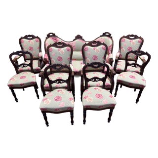 Napoleon III 9-Piece Living Room Set in Mahogany with Rose Fabric For Sale