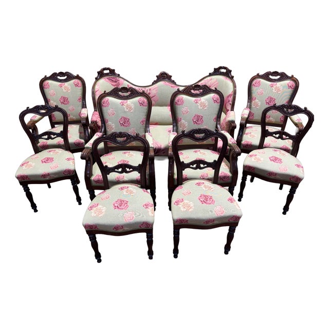 Napoleon III 9-Piece Living Room Set in Mahogany with Rose Fabric For Sale