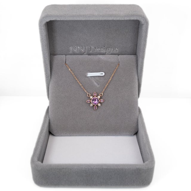 Modern Pink Sapphire Pendant, Diamond and Sapphire Accents: Solid 14k Gold With Chain For Sale - Image 3 of 9