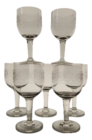 Antique Guilloche Wine Glasses, Set of 7