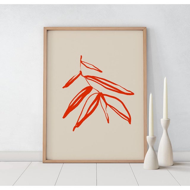 Abstract open edition giclee print. 20"x28" Elegant red leaves drawing on beige background. Printed on matte art paper...