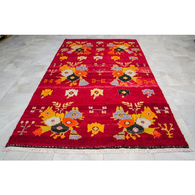 Authentic 1940s Turkish Rug 5x10 Vibrant Red Mid Century Modern Organic Wool Carpet For Sale - Image 6 of 14