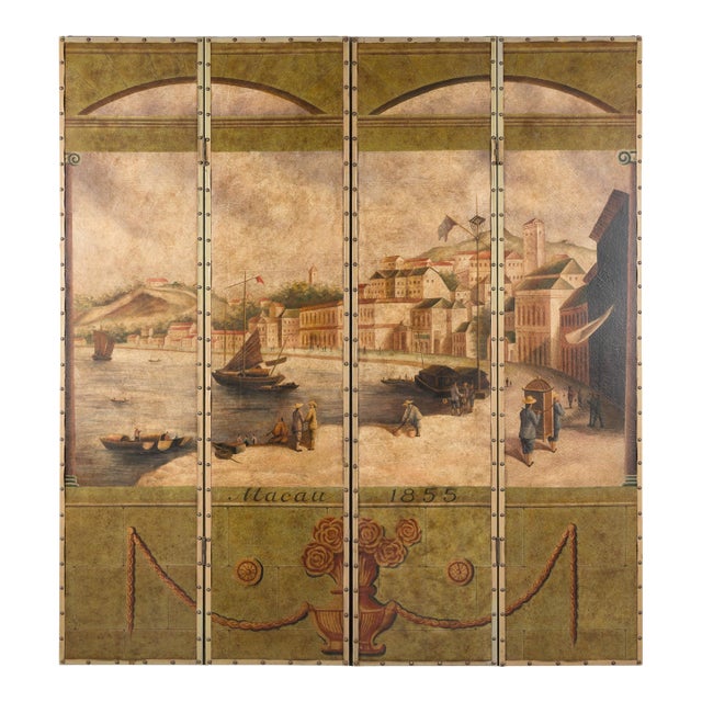 Vintage Four-Panel Painted Screen Depicting Macau Harbor, 1855 For Sale