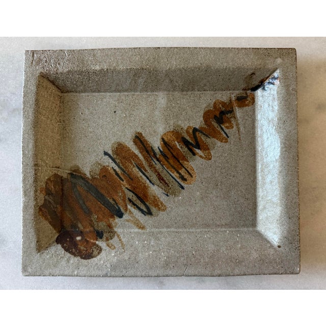 Vintage mid century art pottery tray in the style of Galleon Ware with hand painted abstract design. Possible makers mark...