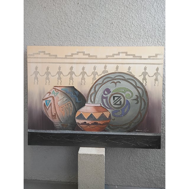 1990s Large Contemporary James Eagle Southwestern Pottery Mixed Media Painting For Sale - Image 4 of 12