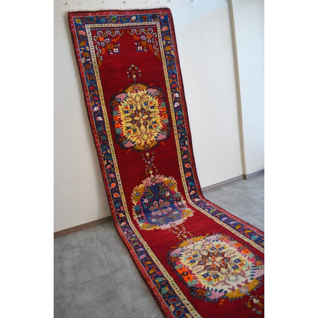 1950s Hand-Knotted Turkish Runner Rug Bold Colors Tribal Hallway Decor Lady Bug Pattern Unused - 3'4" X 13' For Sale - Image 9 of 17