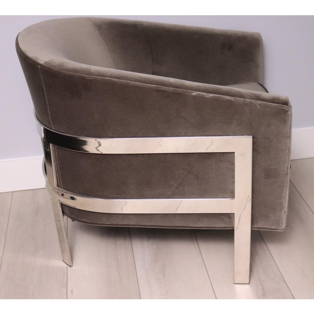 Pair of Mitchell Gold + Bob Williams Avery Velvet and Stainless Steel Barrel Chairs - Postmodern Hollywood Regency Lounge...