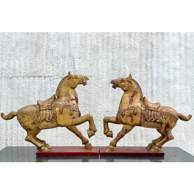 Asian Vintage Asian Gilt Carved Wooden Emperor Horses - a Pair For Sale - Image 3 of 13