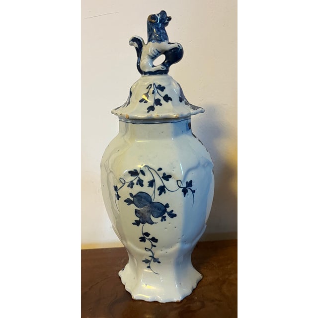 Blue Antique 18th Century Blue & White Delft Vase With Figural Lion Lid in the Chinoiserie Style by the De Porceleyne Bijl Factory Circa 1775 For Sale - Image 8 of 15