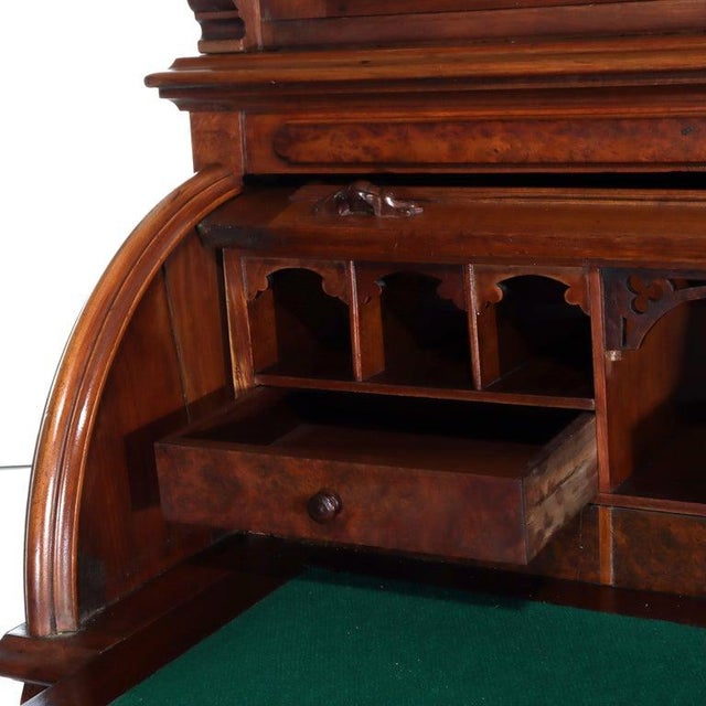 Renaissance Revival Carved Walnut & Burl Barrel Roll Top Secretary C1890 For Sale - Image 9 of 18