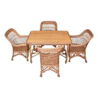 Vintage French Wicker Table and Four Chairs For Sale