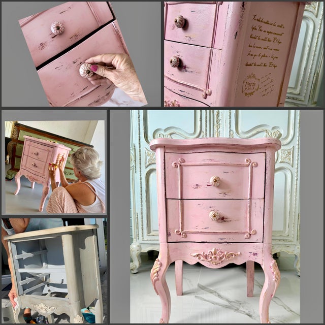 Wood Hand-Painted French Style Pink Nightstand With Paris Script | Shabby Chic Bedside Table For Sale - Image 7 of 7