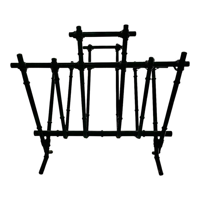 Magazine Holder Metal Black Faux Bamboo Rack v Shape Vintage MCM Decor For Sale