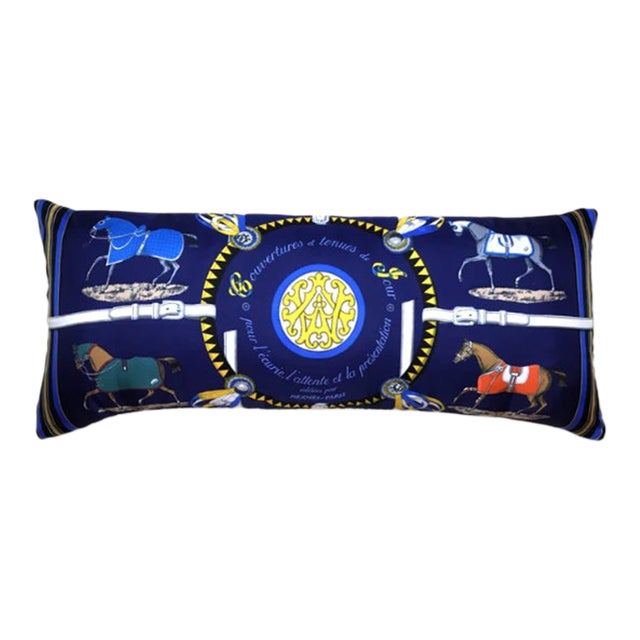Hermes Couvertures Et Tenues Du Jour Blue Vintage Silk Scarf Lumbar Pillow For Sale