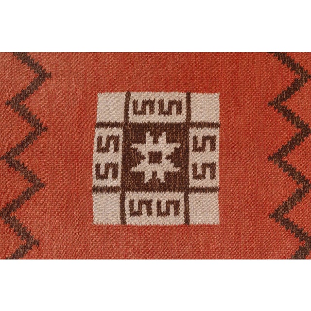 Vintage Swedish Flat Woven Rug Size: 8'9" × 14'9" (266 × 449 cm) Color: Beige, Brick, Brown This striking mid-century...