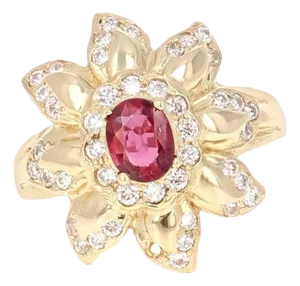 1.20 Carat Ruby Diamond 14 Karat Yellow Gold Cocktail Ring, Size 7