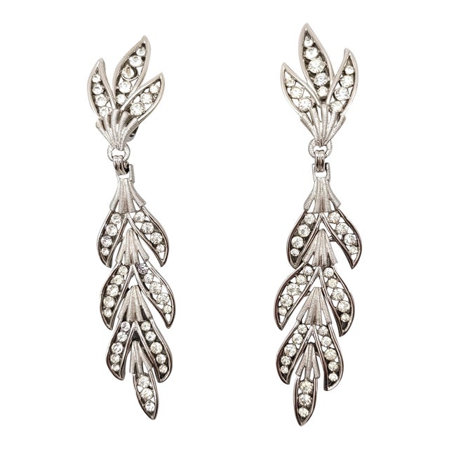 Vintage Signed Crown Trifari Rhodium Plated Clear Rhinestone Chandelier Clip Earrings - 2 Pieces For Sale
