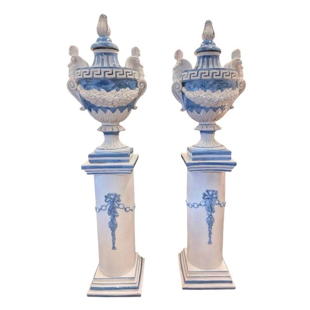 2000 - 2009 Pair of Vintage Monumental 79” Italian Blue & White Glazed Ceramic Lidded Urns on Pedestals For Sale - Image 5 of 12