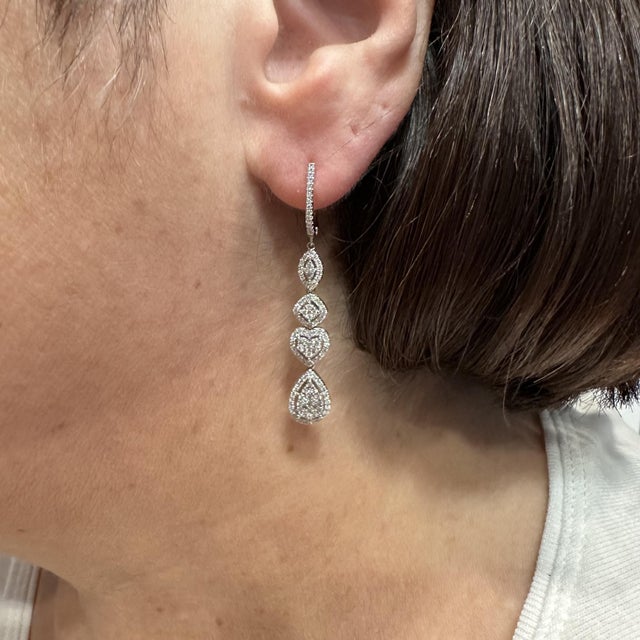 Diamond Multi Cluster Drop Earrings in 10kt White Gold - 1.2ctw Diamonds, New, A Pair For Sale - Image 4 of 5