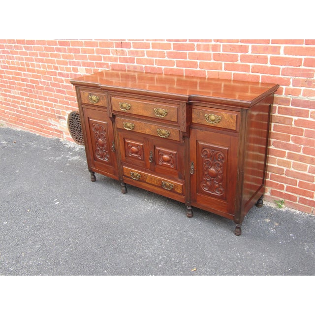 Elevate your dining or living space with this stunning English Art Nouveau sideboard, crafted circa 1900 from rich...