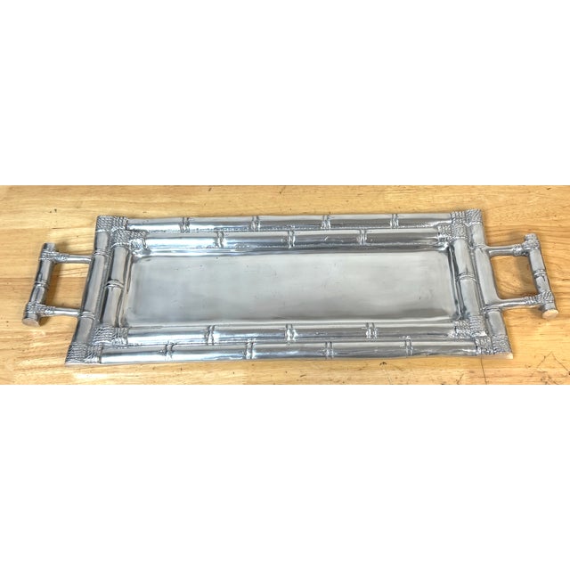 Arthur Court Attributed Faux Bamboo Cast Pewter Gallery Tray with Handles For Sale In West Palm - Image 6 of 10