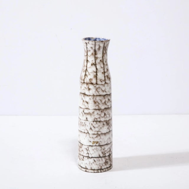 Mid-Century Modernist White and Earth Toned Ceramic Vase With Banded Detailing For Sale - Image 4 of 13