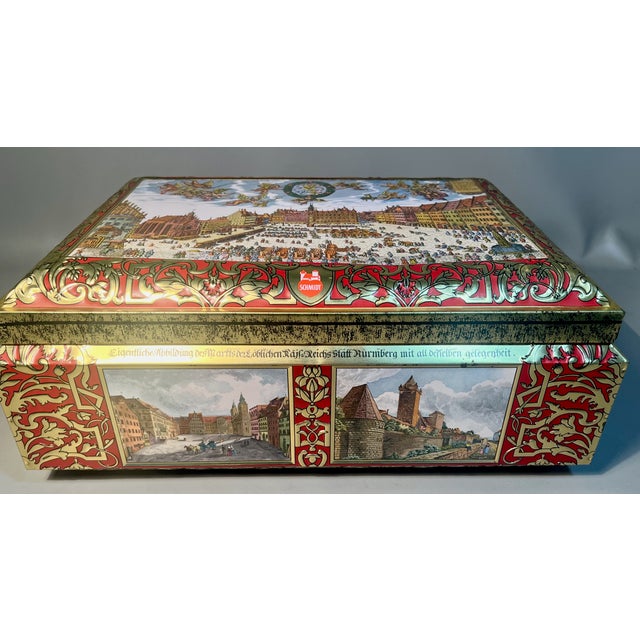 Large Biscuit Tin Schmidt Lithographed Gingerbread Cookie Tin Year 2000 Historical Illustrations For Sale - Image 4 of 10