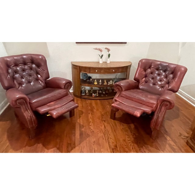 Vintage Pair of Oxblood Tufted Leather Writers Recliner Armchairs For Sale - Image 10 of 10
