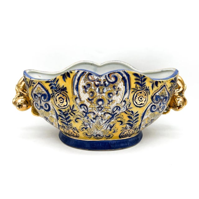 Vintage Italian Majolica Centerpiece Bowl – Hand-Painted Blue, Yellow & Gilt With Pomegranate Handles – Baroque / Mediterranean Revival For Sale - Image 9 of 12