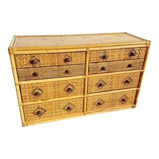 Boho Chic Bamboo Wicker Dresser With Epoxy Top - 12 Drawer For Sale