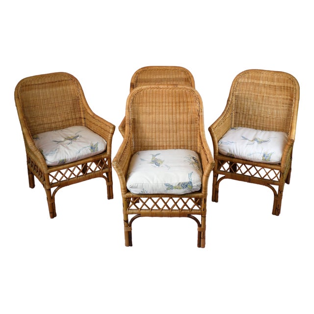Set of 4 Woven Rattan Arm Chairs For Sale