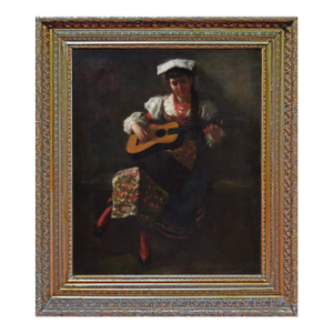 19th Century Portrait of Young Woman in Traditional Dress With a Guitar