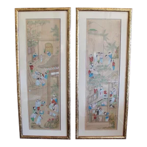 Pair of Framed Hand Painted Chinese Palace Scenes on Textile
