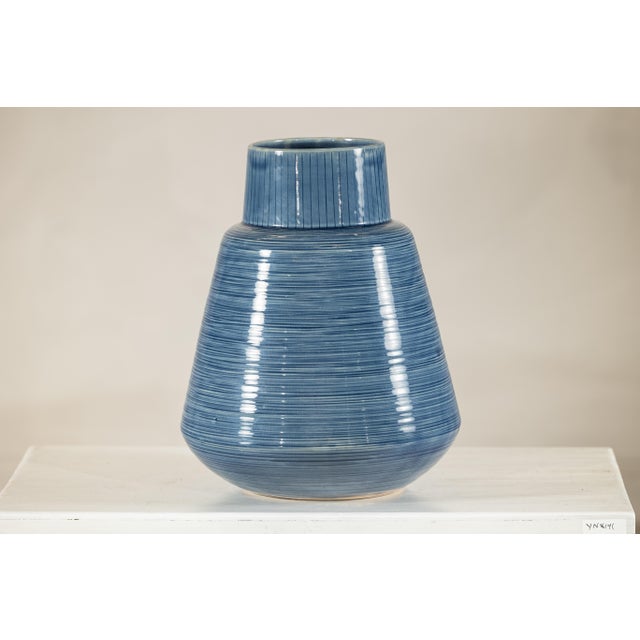 Artisan Blue-Glazed Ceramic Vase with Ribbed Surface and Tapering Form For Sale - Image 11 of 18