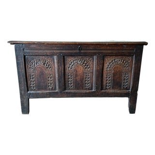 17th Century English Carved Oak Three-Panel Coffer, 1650 For Sale