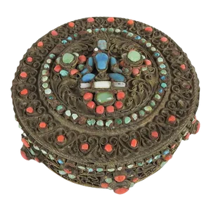 Vintage Brass Filigree Coral Turquoise Round Box