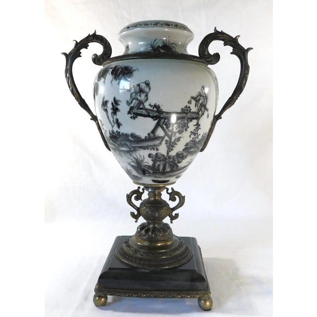Black Mid Century Black & White Porcelain Bronze & Marble Pedestal Urn Vase For Sale - Image 8 of 12