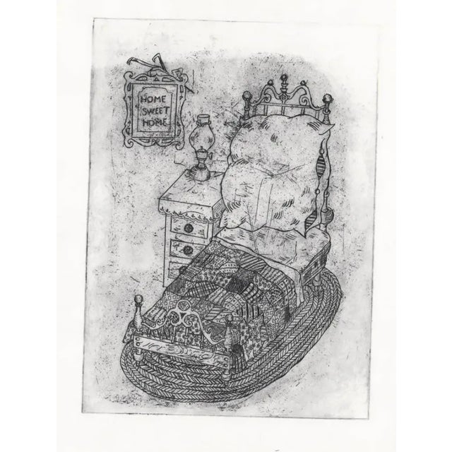 Illustration 1970s Home Sweet Home Bedroom Interior Etching For Sale - Image 3 of 3