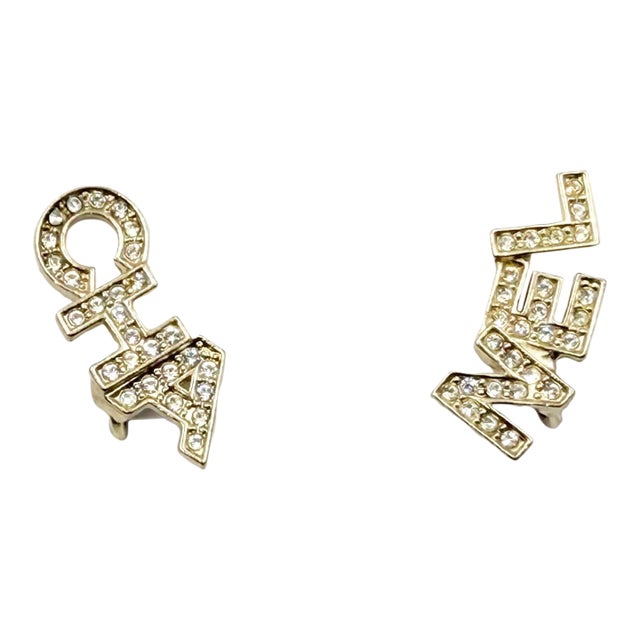 Chanel Gold CC Crystal Cha Nel Letter Asymmetrical Clip on Earrings, A Pair For Sale