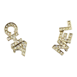 Chanel Gold CC Crystal Cha Nel Letter Asymmetrical Clip on Earrings, A Pair