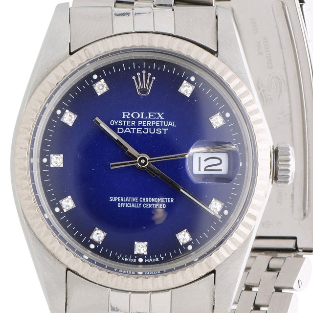 Contemporary Rolex Datejust 16014 Blue Vignette Diamond Dial 36mm Steel White Gold Watch For Sale - Image 3 of 17